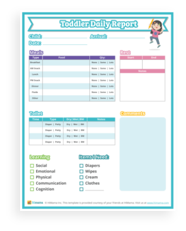 *Printable PDF Toddlers Report: Daily toddler tracker for Nanny Daycare In-home Preschool Instant Dowload Babysitter
