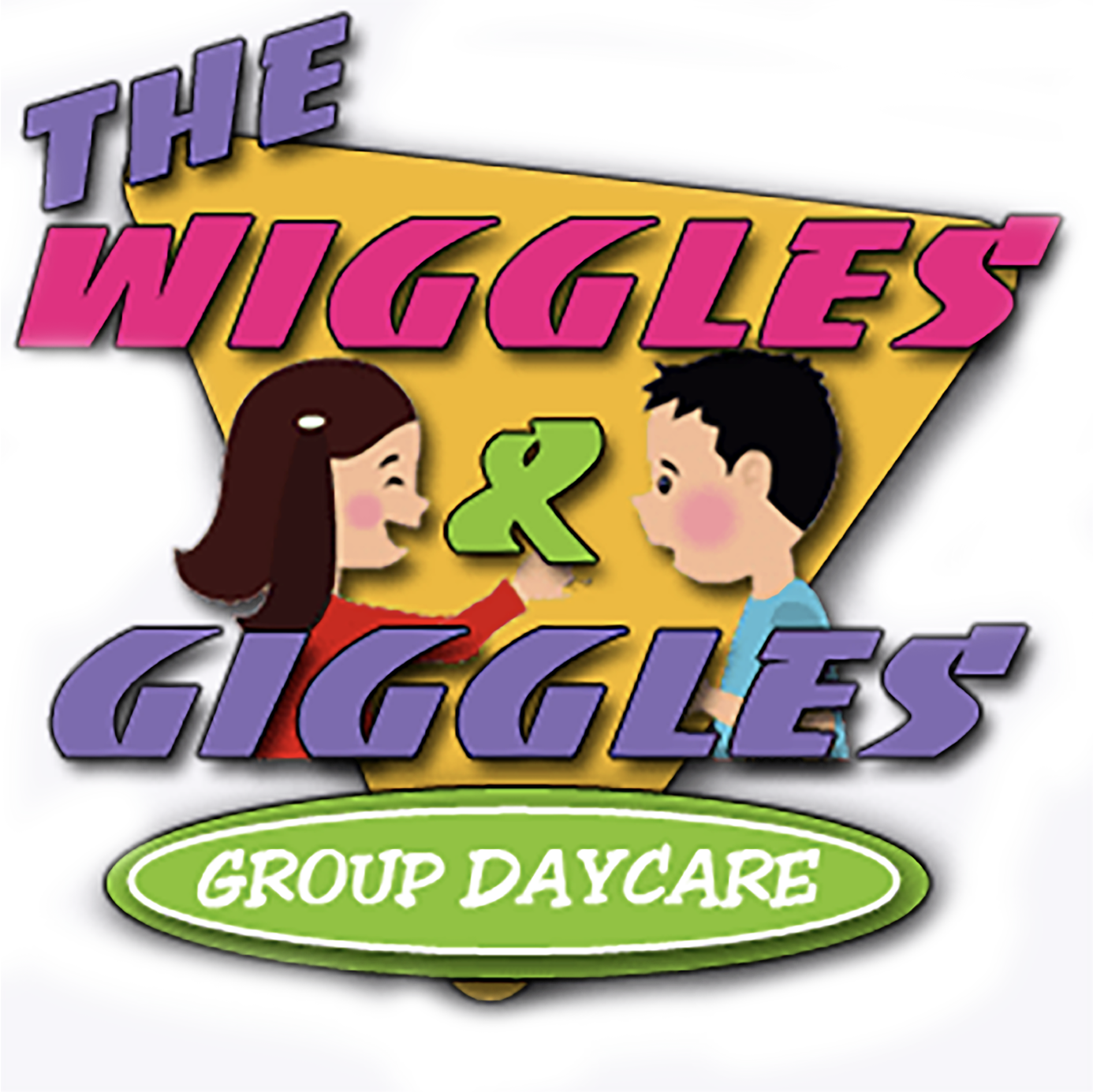 the wiggles and giggles daycare logo, with illustrations of a boy and girl looking at each other and a big yellow rectangle