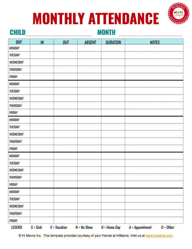 Daycare Sign In Sheet - Attendance Sheet Templates | HiMama