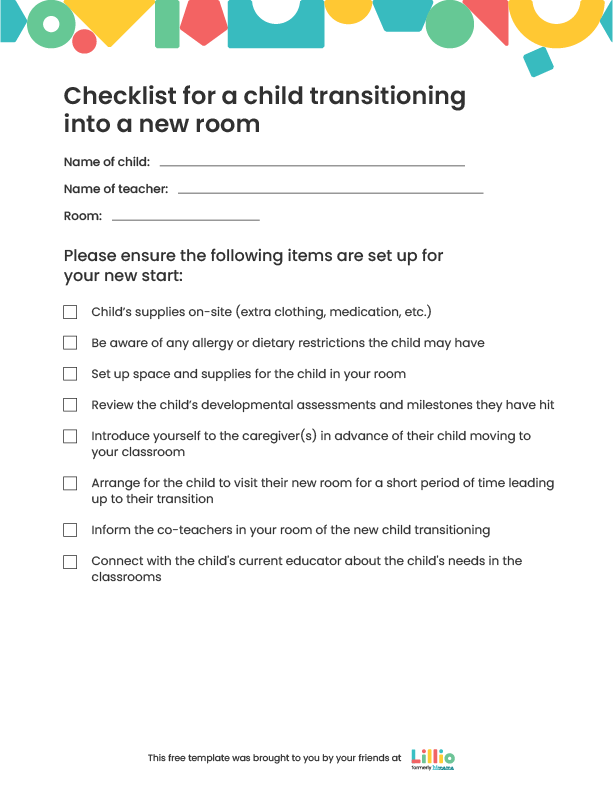 Checklist for Child Transitioning to a New Room Templates Lillio