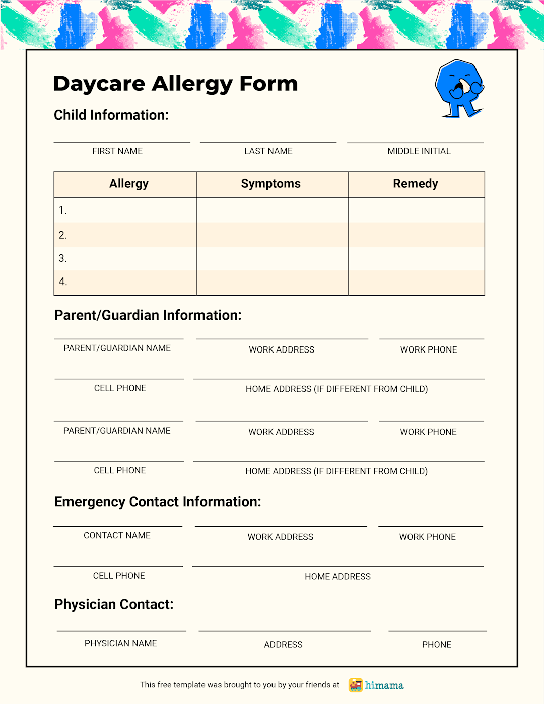 Daycare Allergy Form Templates Lillio