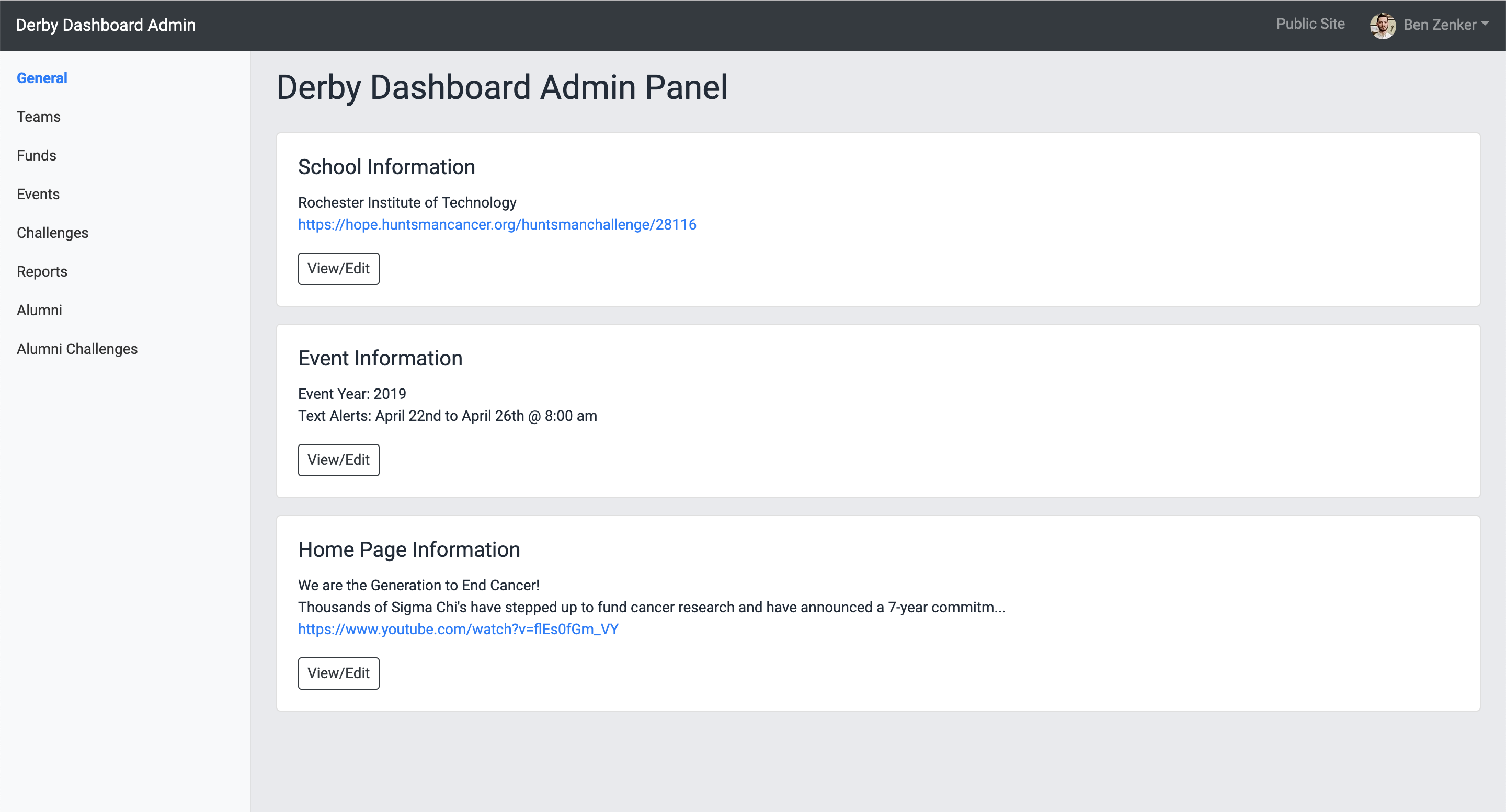 The default information bins within the Derby Dashboard admin panel.