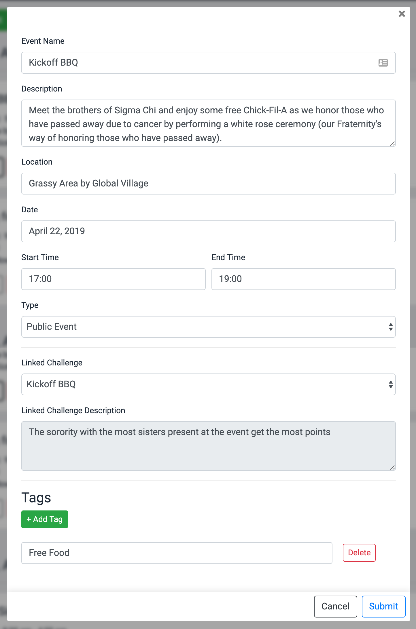The full edit menu for event data, including linked challenges and tagging.