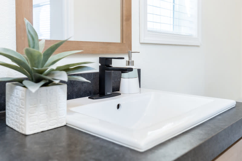 Black metal Pfister faucet in the bathroom of a manufactured home with a white sink, soap dispenser and plant on a black countertop.