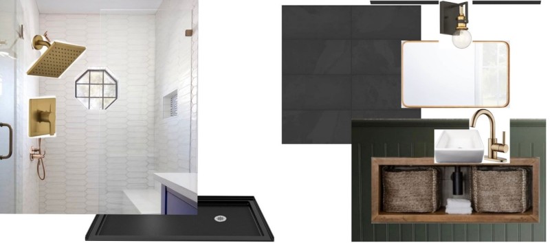 Bathroom remodel mood board with black and white tile and gold accents