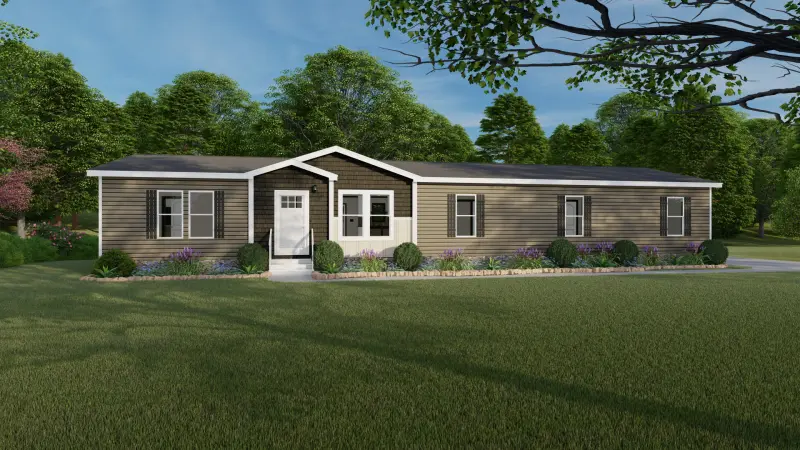 Ranch manufactured house with white trim and brown and green siding.