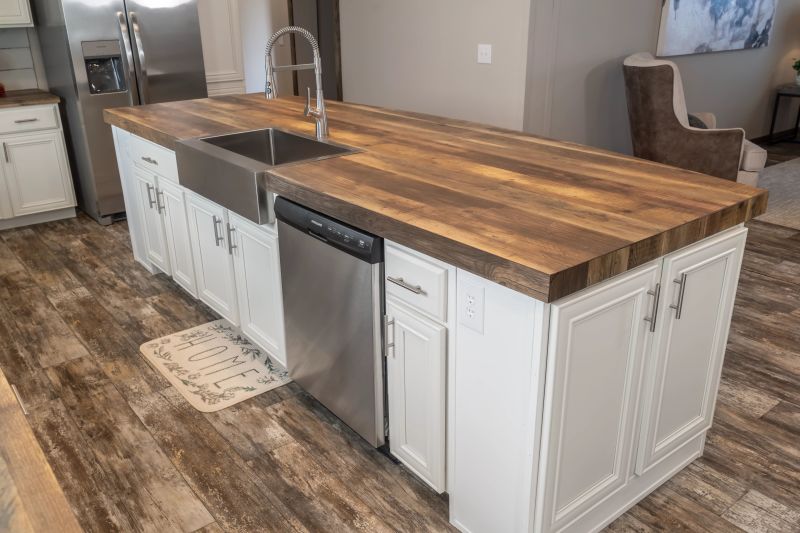 This beautiful kitchen island has a wooden countertop, white base and features a stainless steel sink and dishwasher built into it.