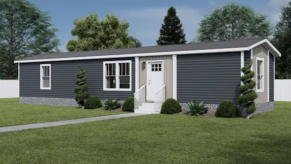 The exterior of [model name] features blue and beige siding and stone skirting. 
