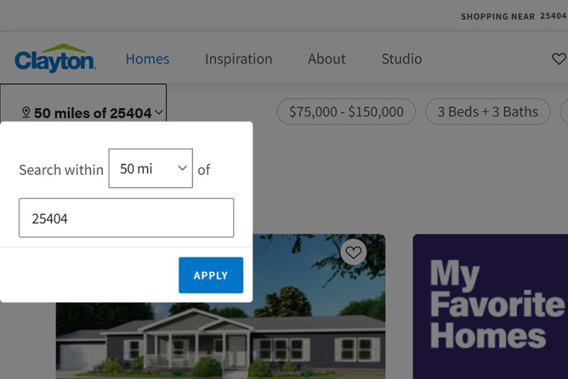 Screenshot of the Clayton Homes Find a Home page’s mileage range.
