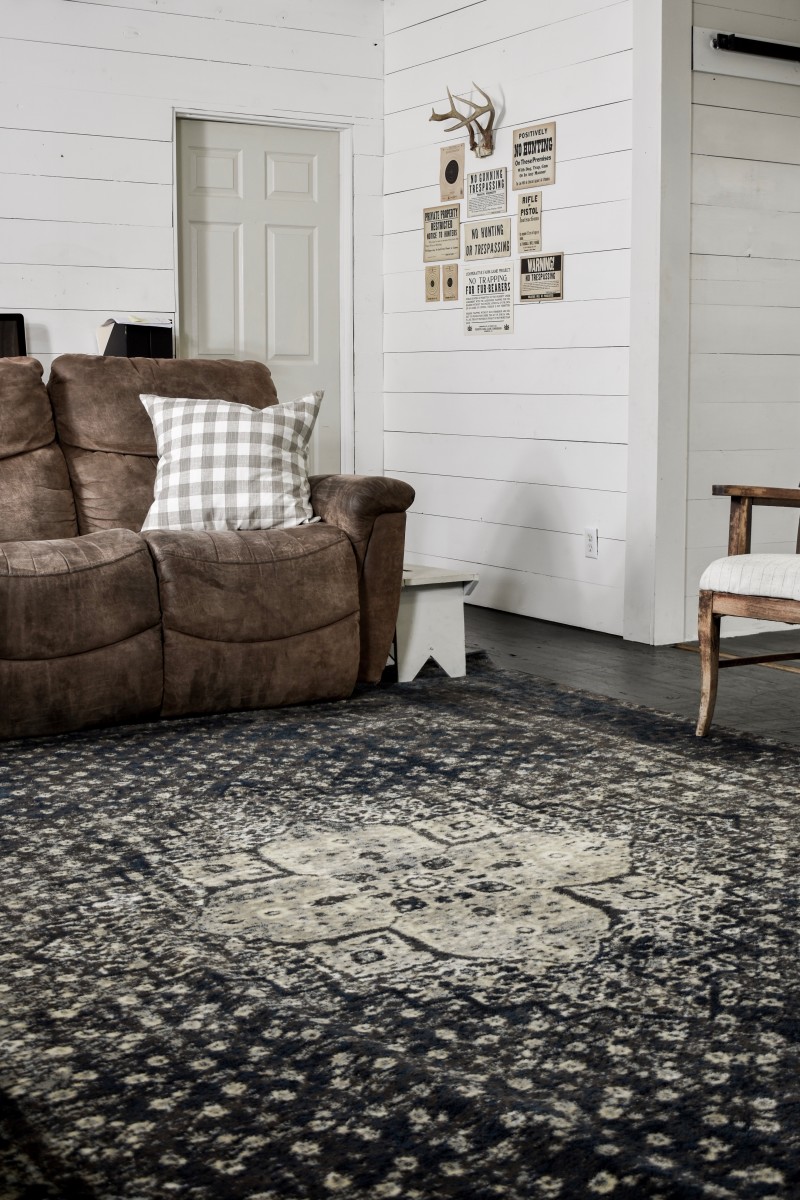 Farmhouse mobile home living room with decorative area rug, brown sofa, white and wood accent chair and white shiplap walls