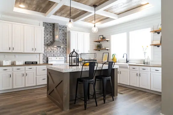 Check out the kitchen island and beamed ceiling in the 1434 Carolina "Southern Belle" mobile/manufactured/modular home.