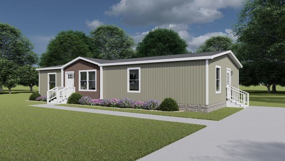 The [model name] exterior features tan and red siding and two entrances with white stairs.