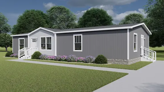 The [model name] features gray siding and stone-style skirting.