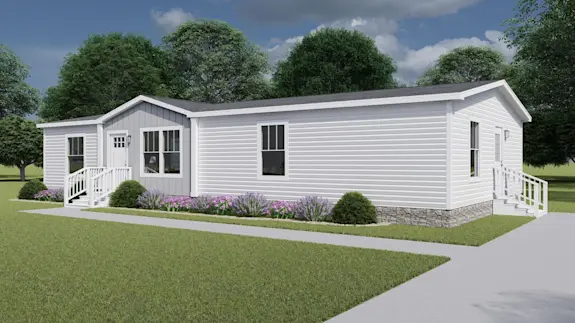 The [model name] features white siding and stone-style skirting.