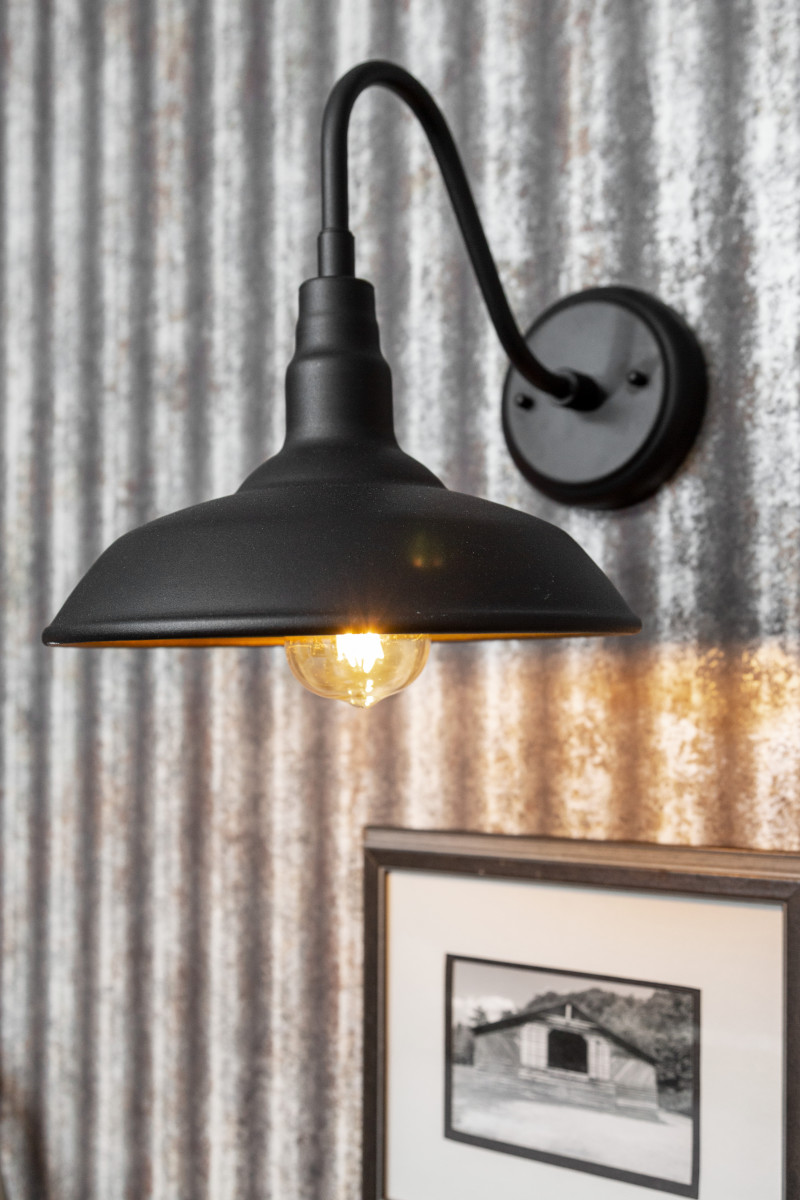 Industrial farmhouse wall pendant light and corregated metal wall