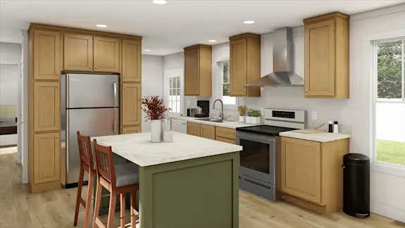 The [model name] features a kitchen with refrigerator-surrounding cabinets and quartz-style counters.