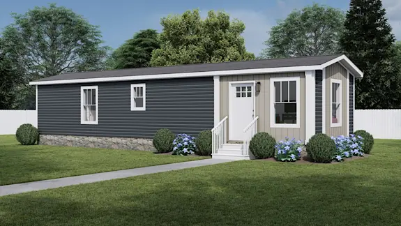 The exterior of [model name] features tan and dark blue siding and stone skirting.