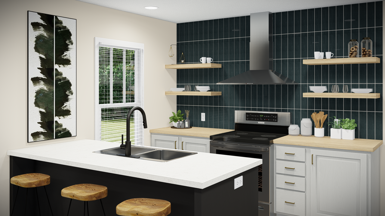 PR - Rendering of the Single Section CrossMod Kitchen featuring a large dark island, with white countertop, dark vertical backsplash and beautiful stainless steel vent hood.
