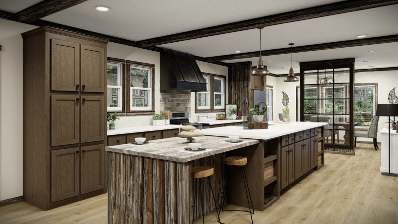 Large kitchen is the center with exposed beams and dark trim