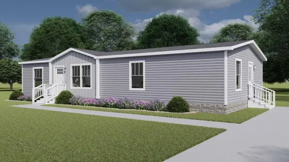The [model name] features gray siding and stone-style skirting.