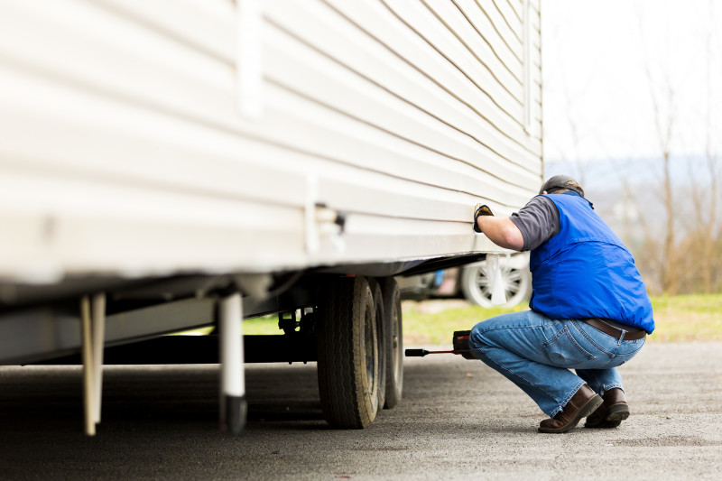Man tightening tires on a manufactured home that is about to be transported.