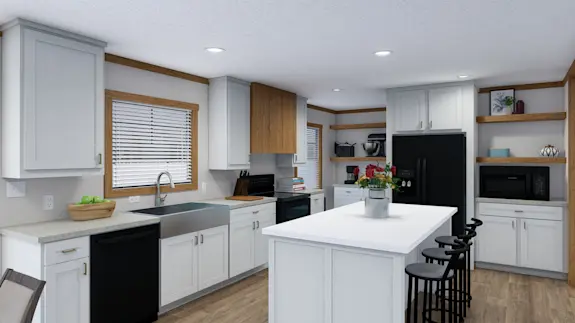 The [model name] features a kitchen with a large island and open shelves.