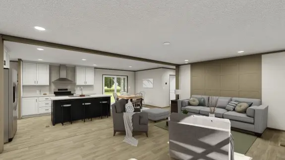 The [model name] features a living room with an accent wall and an open floor plan.
