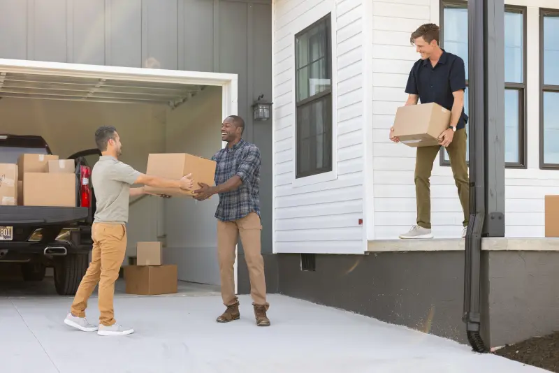 A man passes another man a box while a truck is parked in the open garage with more boxes in the truck's bed; a third man stands holding a box on a porch.
