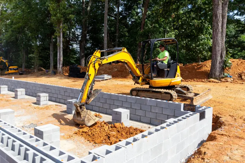 Man uses excavator to work on the foundation of a manufactured home