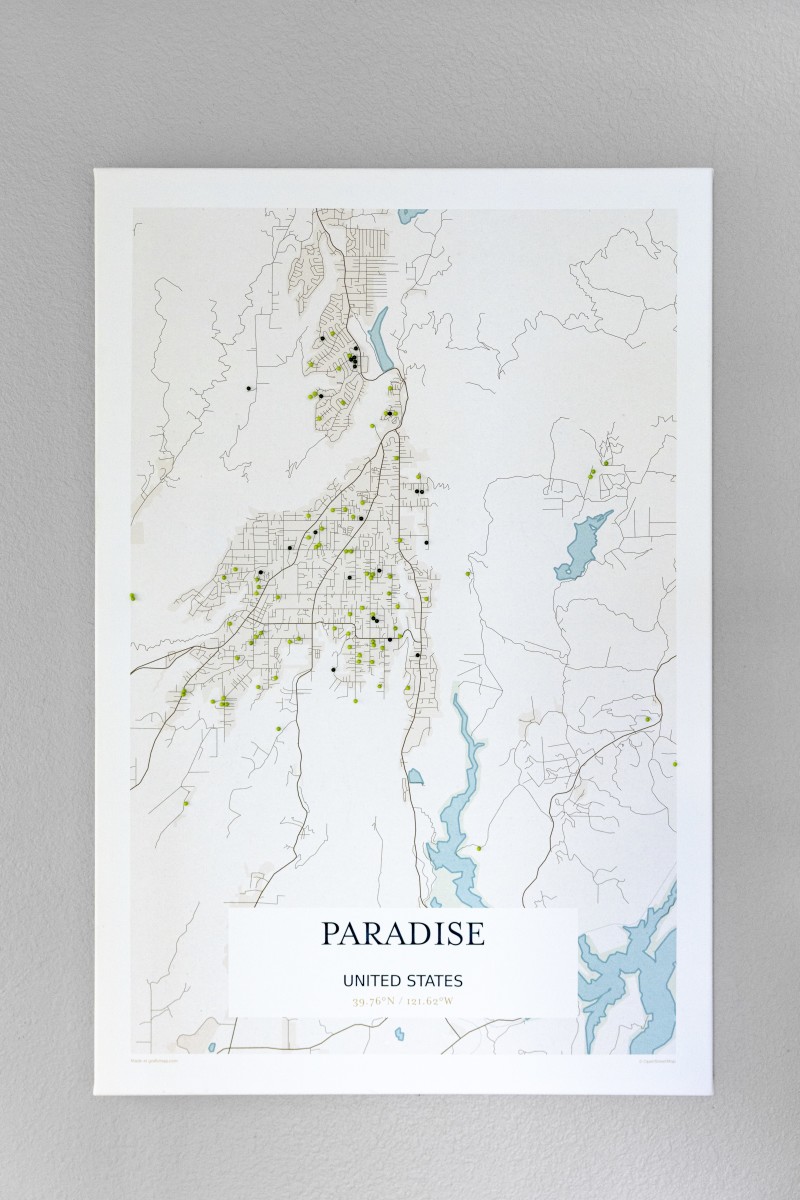 A map of Paradise with pins representing customers who rebuilt with Clayton