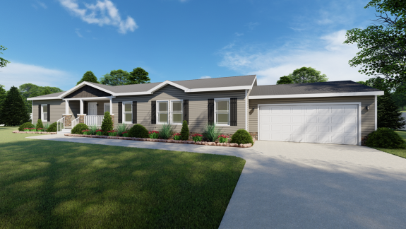 Kick back and relax on the quaint covered front porch of the Frontier with a beautiful flower bed lining the front walk exterior of this home.