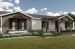 Rendering of the exterior of an Encore Clayton home with gray and white siding and a large porch