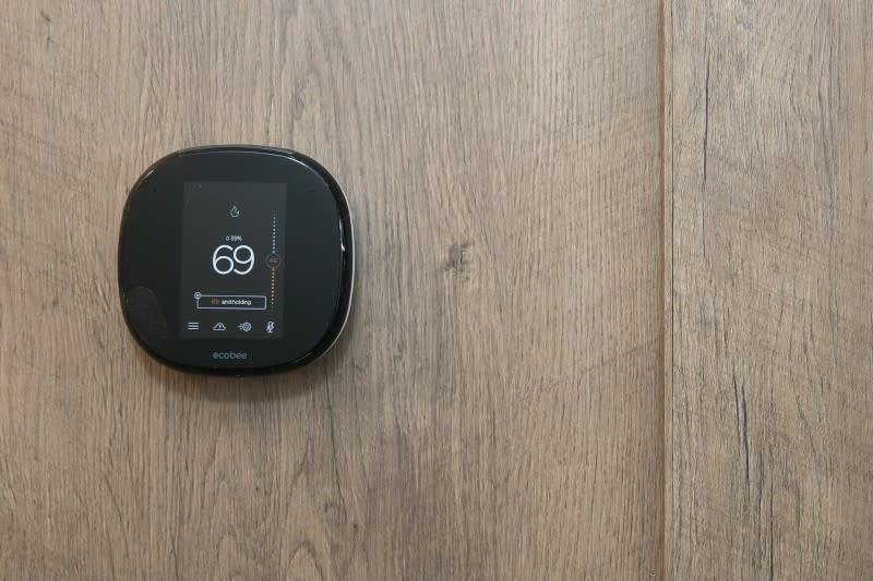 ecobee smart thermostat on the wall of a manufactured home.
