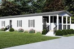 A rendering of the exterior of a front-loaded manufactured home with a rail-enclosed front porch, white siding, and windows with shutters.