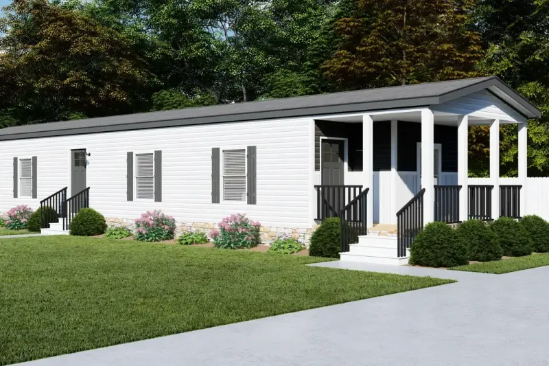 A rendering of the exterior of a front-loaded manufactured home with a rail-enclosed front porch, white siding, and windows with shutters.