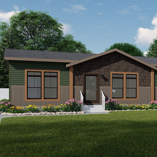 The The Riviera exterior features large windows and two-toned siding.