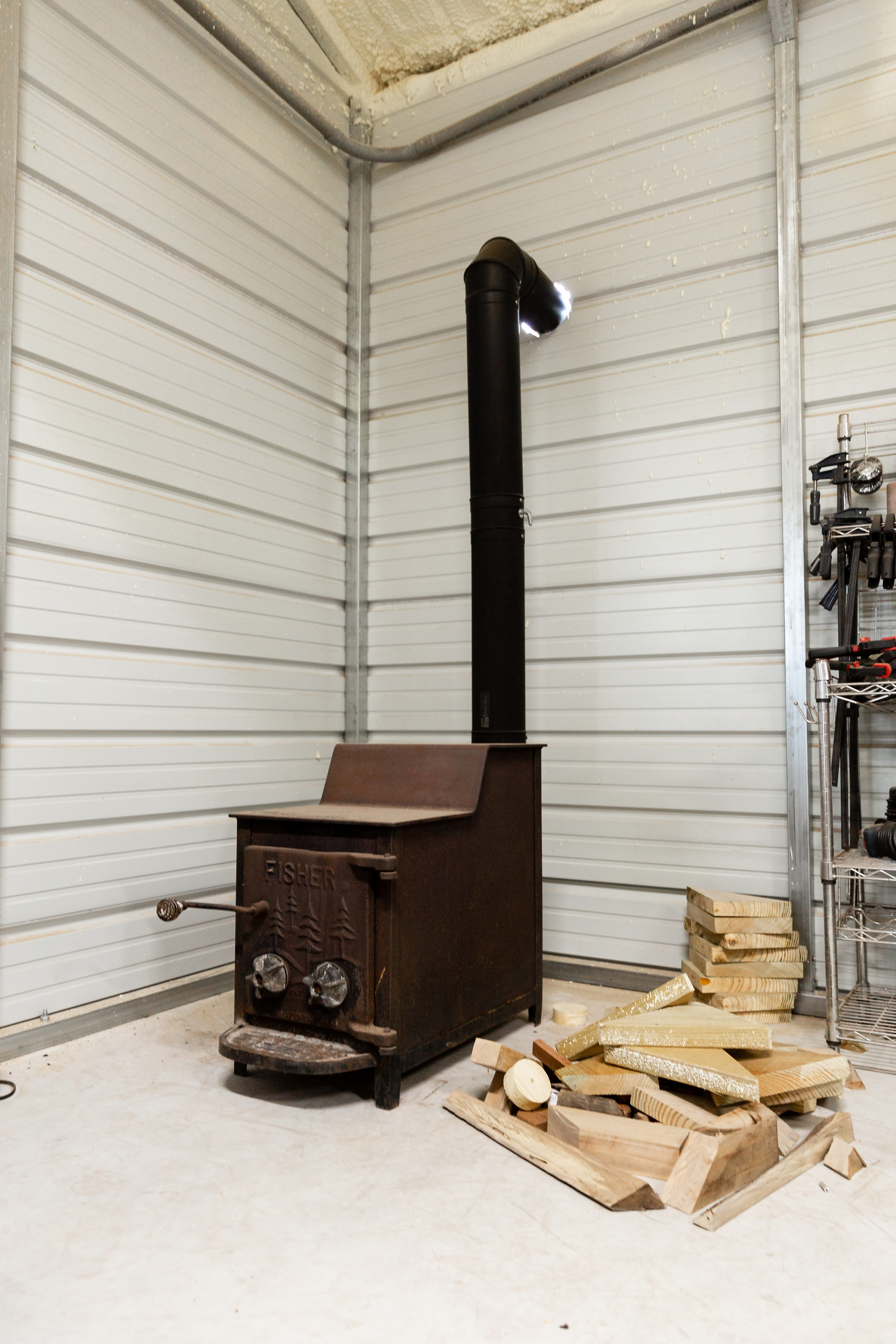 Wood burning stove in garage