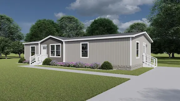 The [model name] has beige siding and stone-style skirting.