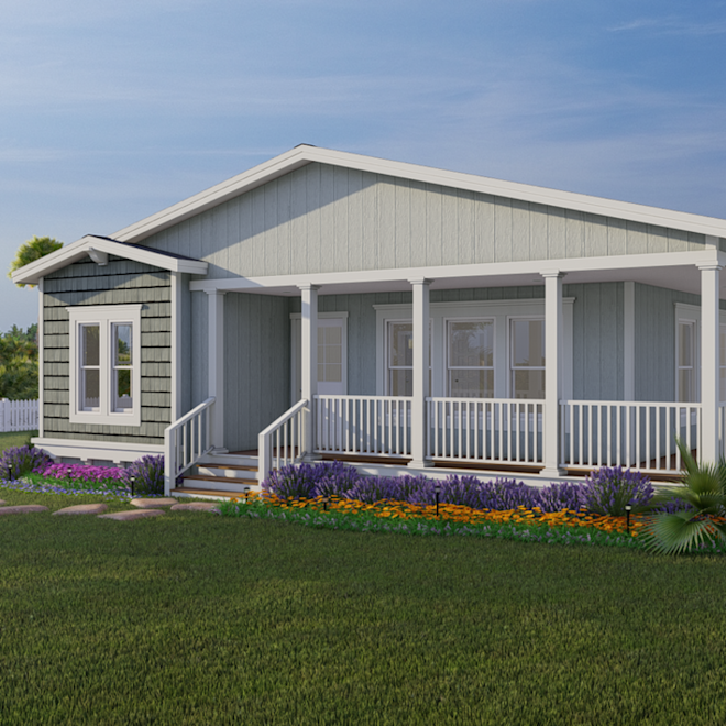 [Model name] has a welcoming exterior with a huge wraparound porch with two entrances. 