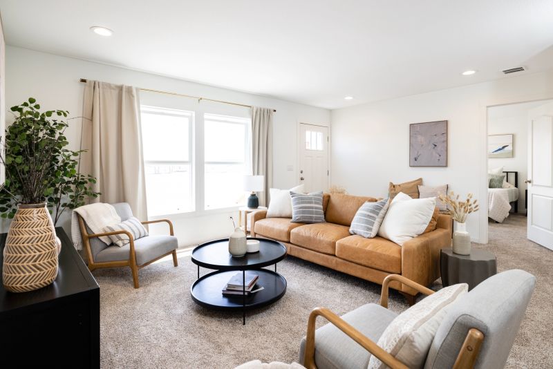 Living room is white with warm natural light. Decor features muted colors of grey with a orange leather couch. There are also black accent tables. 
