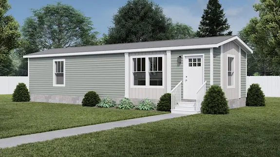 The exterior of [model name] features cream and light green siding and brick skirting. 