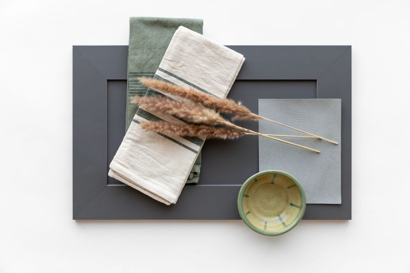Flat lay of a dark gray kitchen cabinet door, green and tope folded tea towels, some wheat strands, and a few green and blue small décor items.
