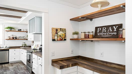 Manufactured home farmhouse style pantry with butcher block counters