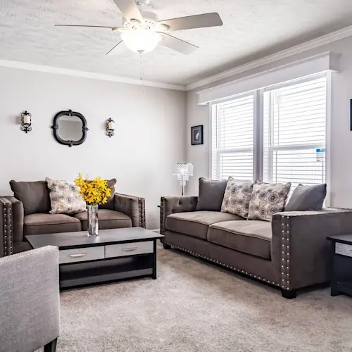 The living room in Tucson features plush carpet and window cornices.