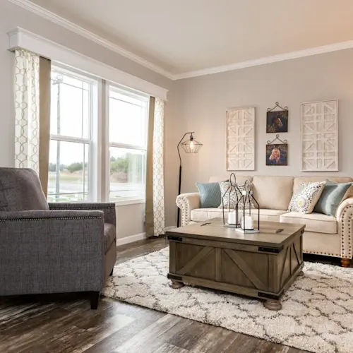 What a beautiful and stylish modern living room from our Classic 56D home. This living room utilizes complementary colors and natural light to make this space your whole family will enjoy.