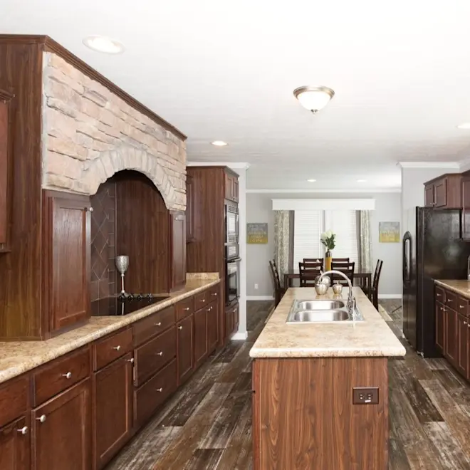 Look at this beautiful and unique kitchen in our Castle Pines! This wood inspired kitchen comes with beautiful cabinetry, kitchen island and additional storage options.