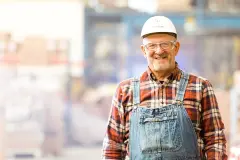 Manufactured home builder in a building facility wearing a safety helmet.