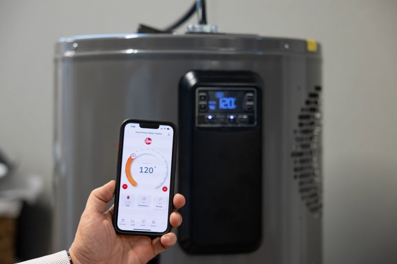Man holds a smartphone showing information about a water heater, with a water heater in the background