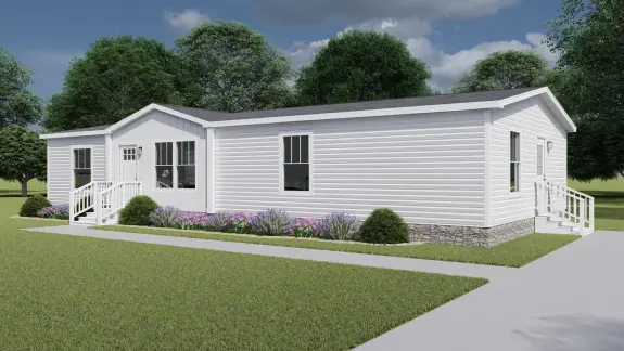 The [model name] exterior features all white siding and stone-style skirting.