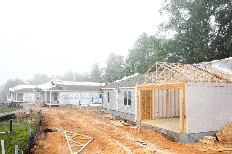 Manufactured home garage being constructed.